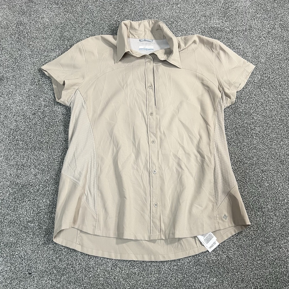 Columbia Omni Shade Womens XL Beige Hiking Shirt Short Sleeve Outdoor UPF